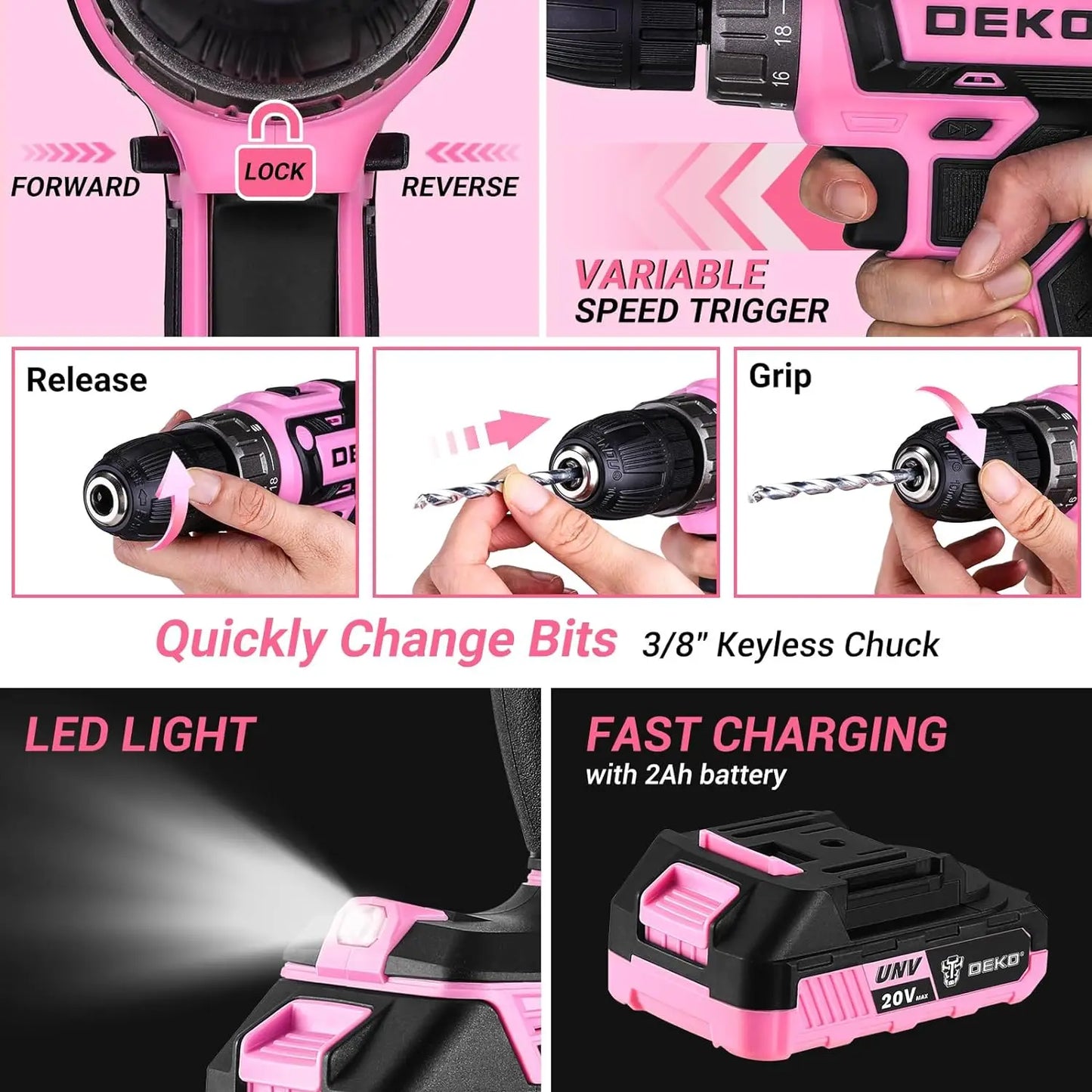DEKO Pink Drill Tool Kit Set: 20V Cordless Power Drill