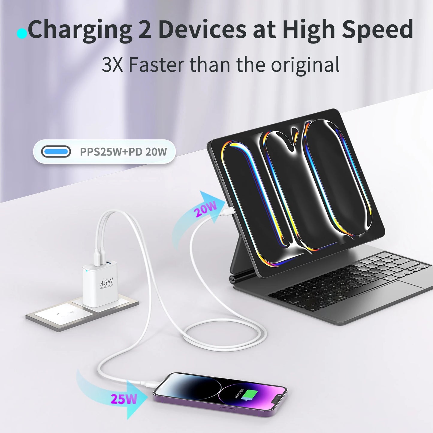 TOPADRE 2packs 45W 3 Port USB Charger Type C