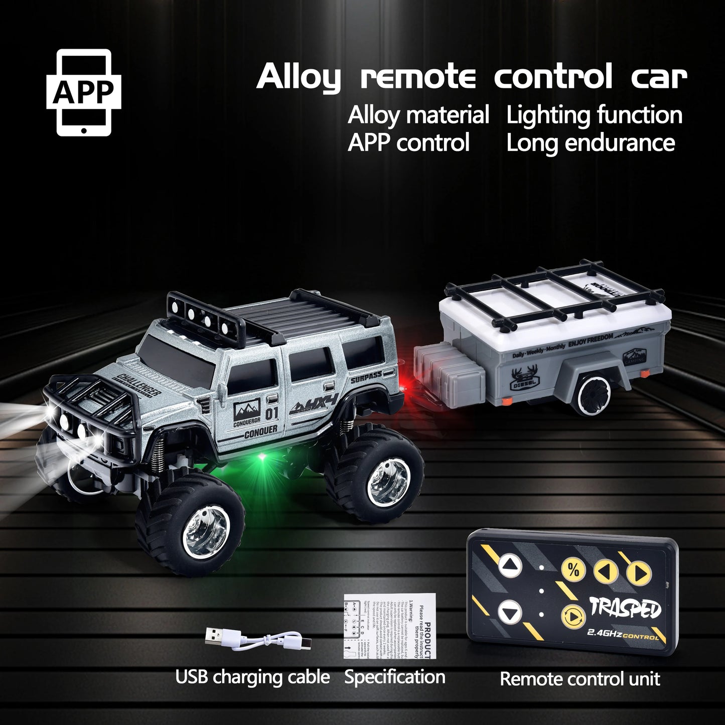 Hotfree 1/64 Mini RC Monster Truck, Metal Off-Road Stomper with Trailer