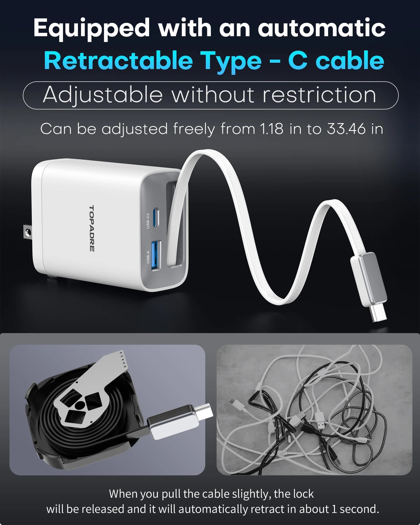 TOPADRE 65W GaN Wall Charger with Retractable USB-C Cable