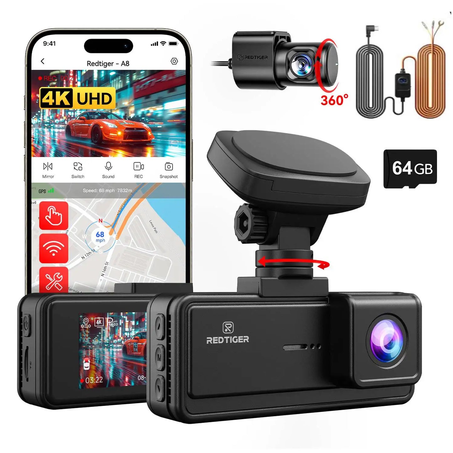 REDTIGER A8 4K Dual Dash Cam Front And Rear Car Camera