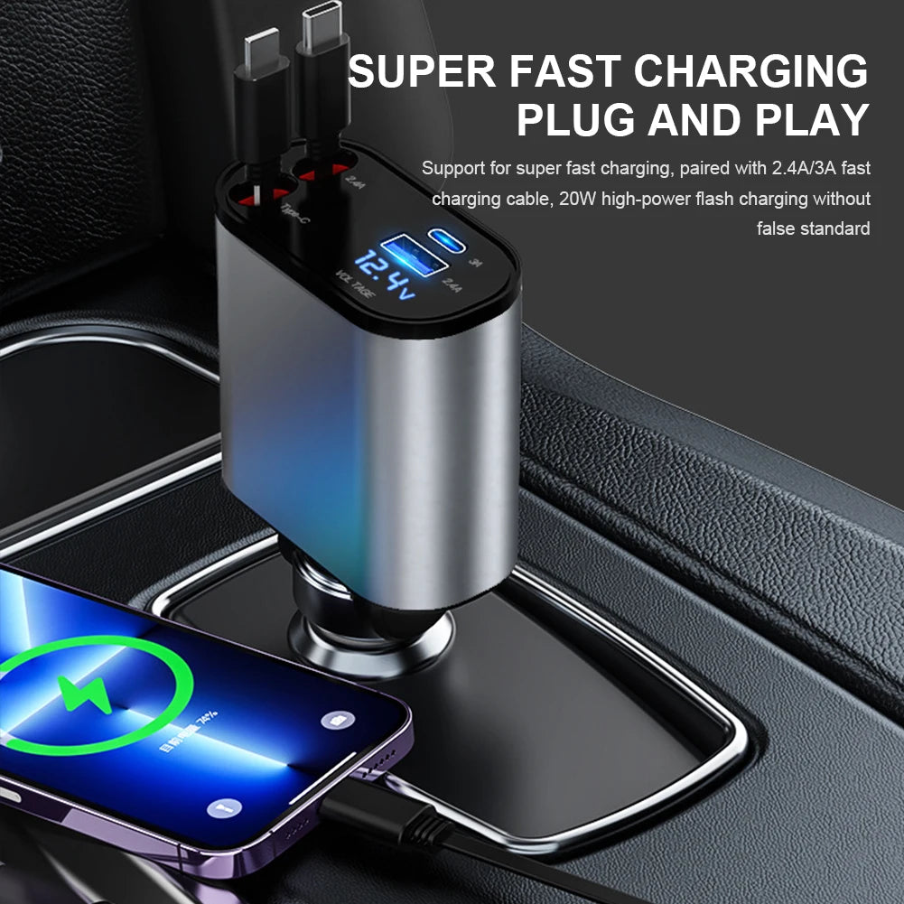 120W 4 IN 1 Retractable Car Charger USB Type C Cable