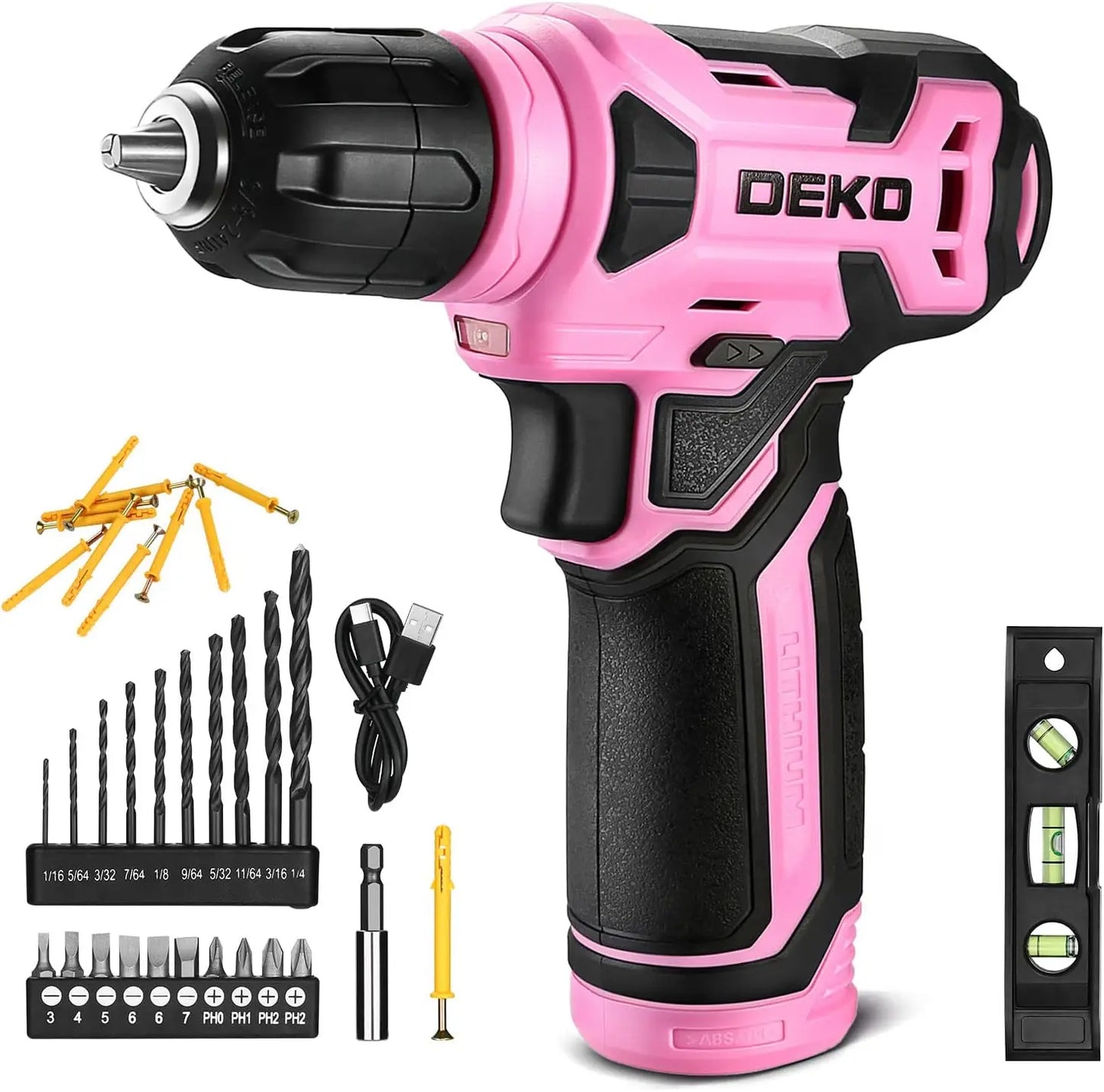 DEKO 8V Pink Cordless Drill, Drill Set with 3/8"Keyless Chuck