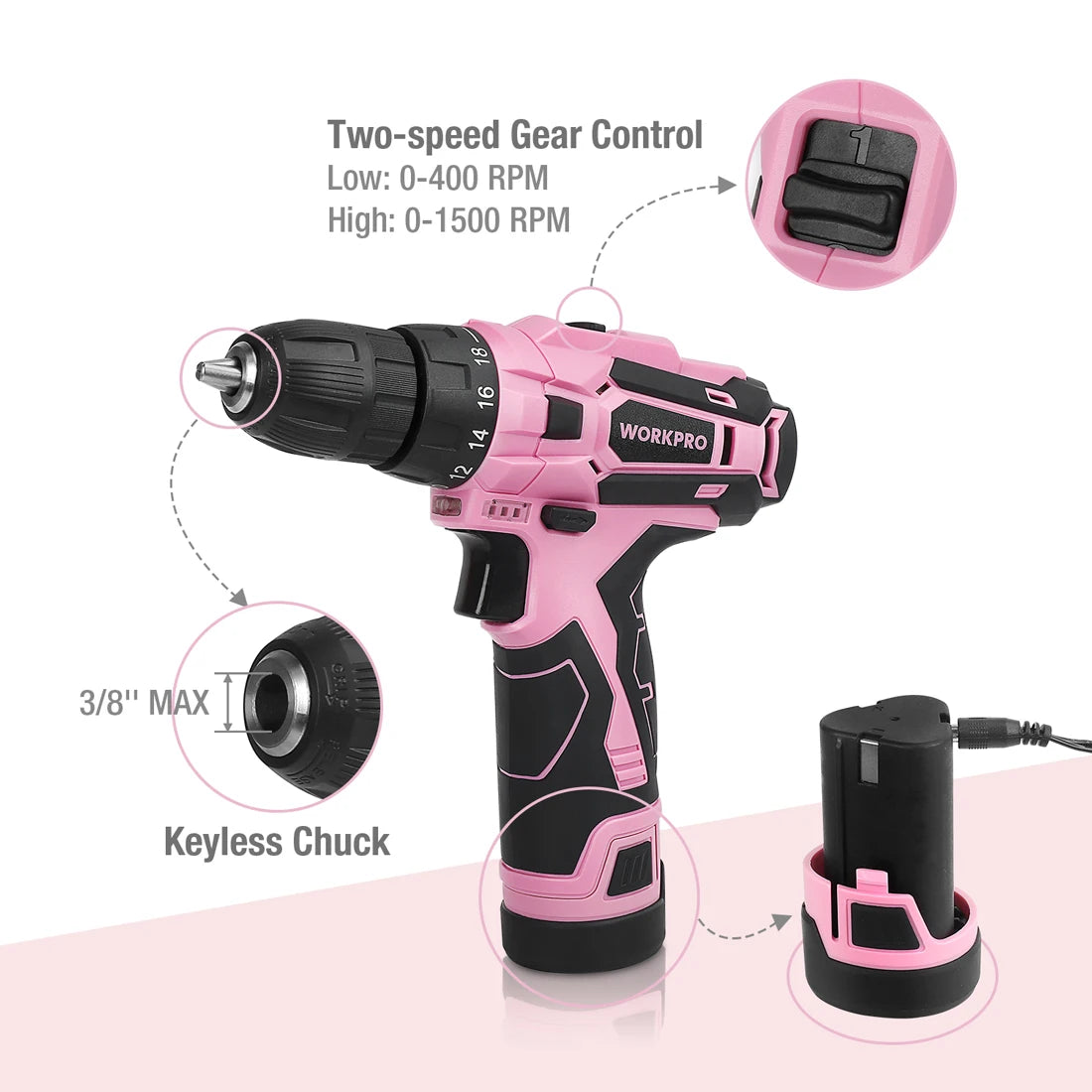 WORKPRO Pink Cordless Drill Driver Set, 12V Electric Screwdriver