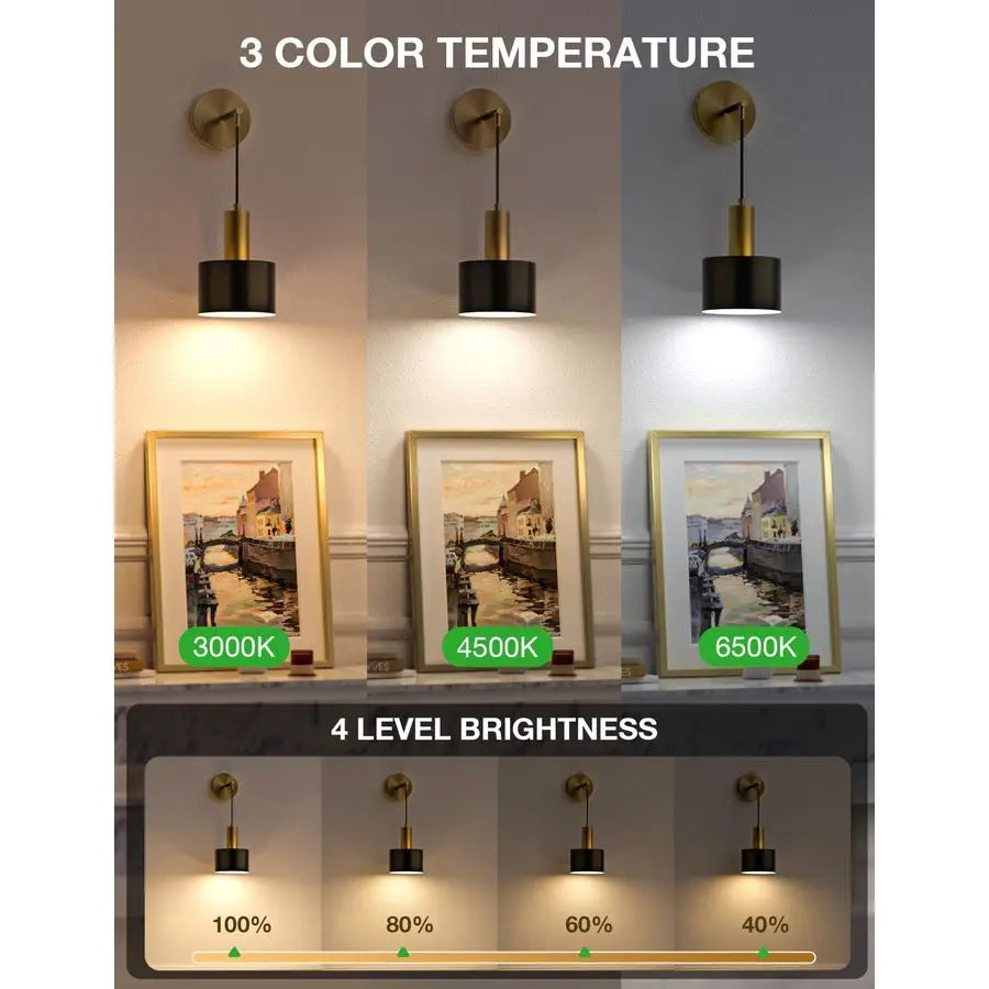 Battery Operated Wall Sconce Set of 2, Gold amp Black Wireless Rechargeable