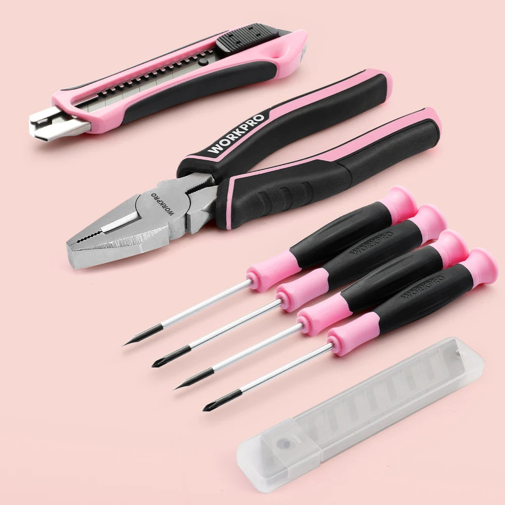 WORKPRO 53-Piece Pink Tool set with Electric Cordless Screwdriver