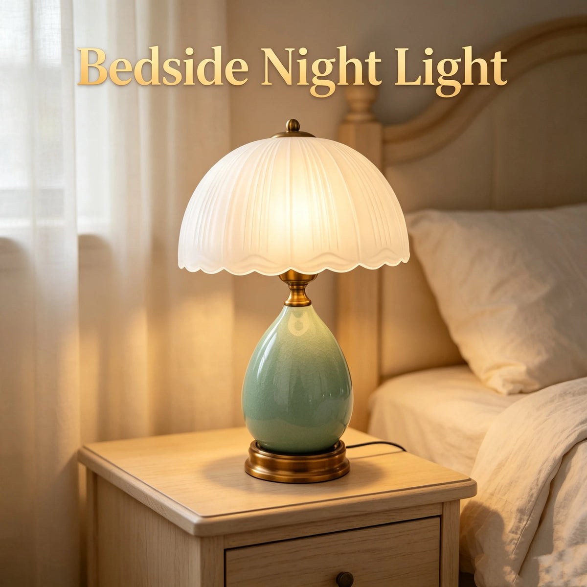 Vintage Crackle Green Ceramic Table Lamp, Pleated Scalloped Frosted