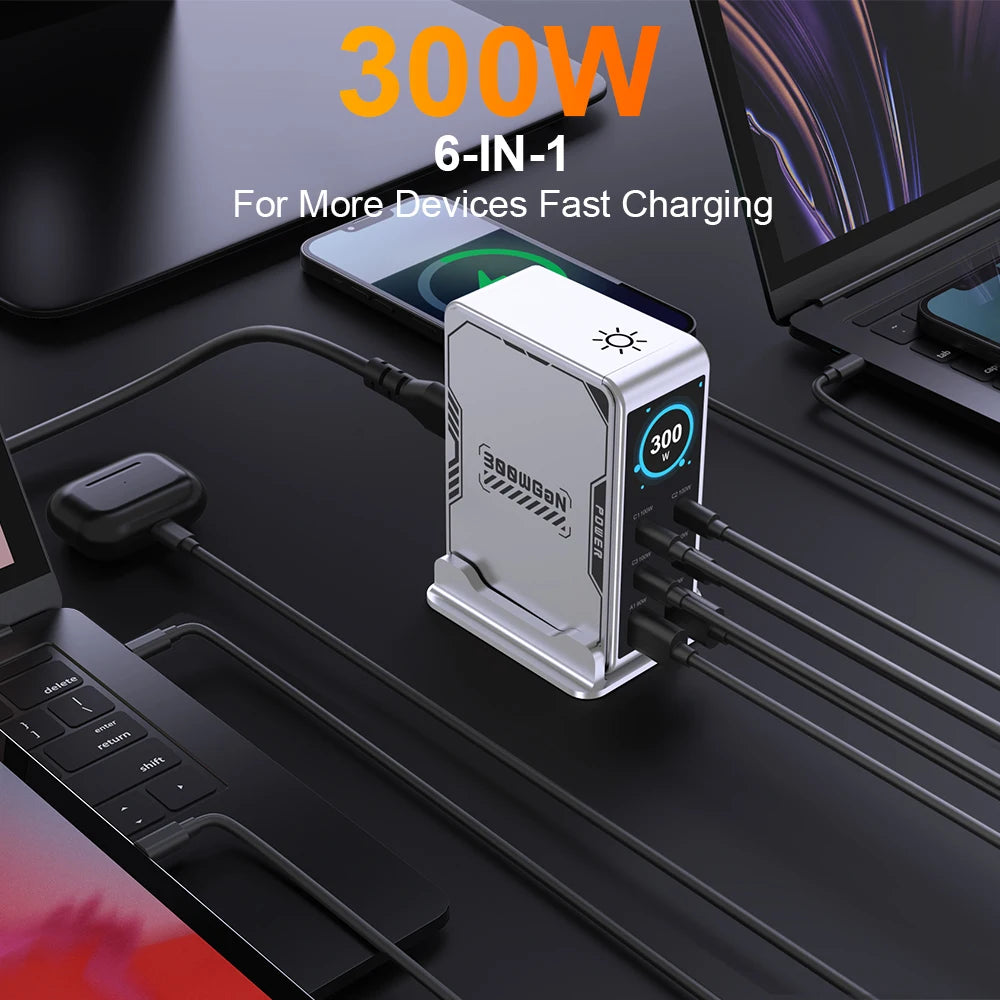 UBIGBUY 300W USB C Charger,6 Ports USB Charging Station