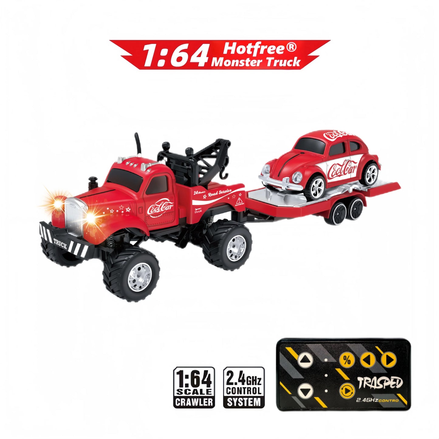 Hotfree 1/64 Mini RC Monster Truck, Metal Off-Road Stomper with Trailer