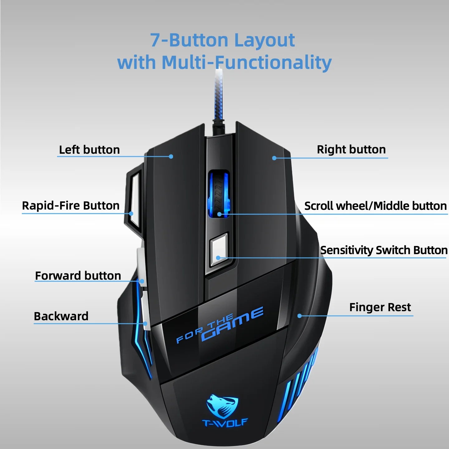 T-WOLF Wired RGB Gaming Mouse 6 Button Optical Adjustable DPI