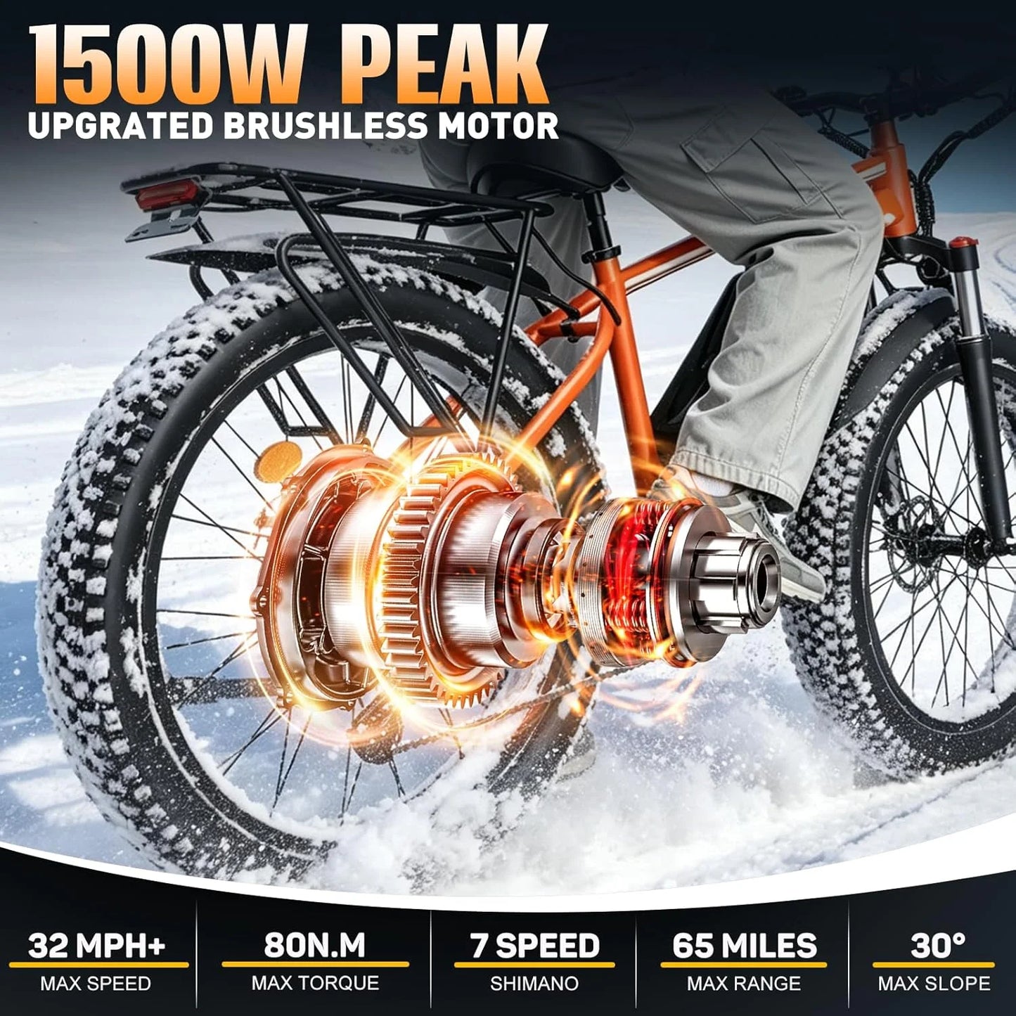 Orange Electric Bike 48V 15AH Battery 1500W Peak Motor