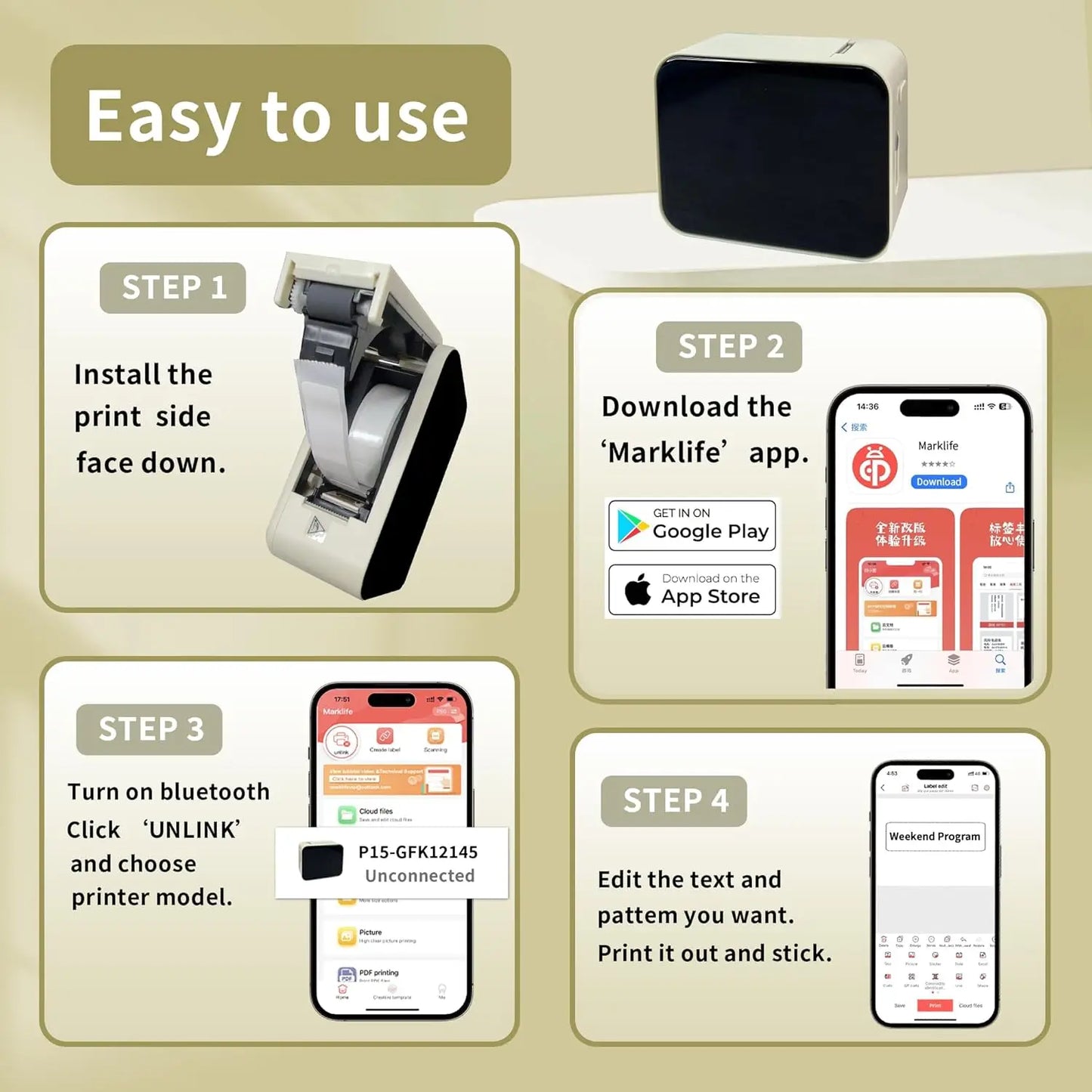 Marklife P15 Mini Portable Thermal Printer Self-Adhesive Label Maker