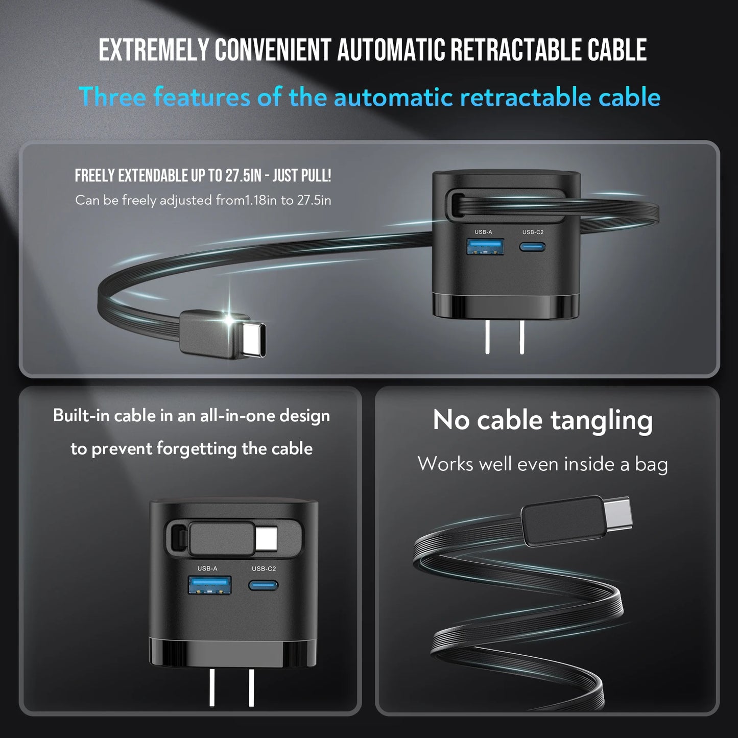 TOPADRE 65W GaN Fast Charger with Retractable Cable