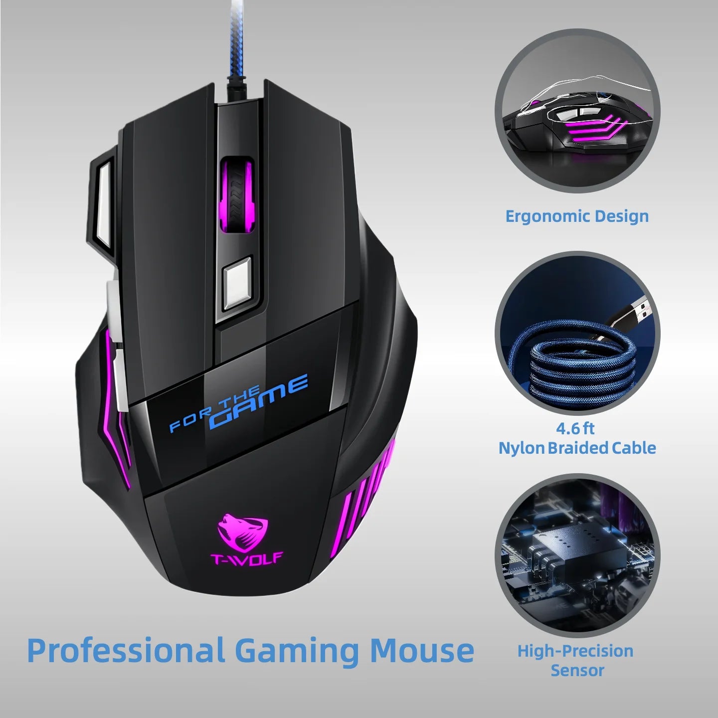 T-WOLF Wired RGB Gaming Mouse 6 Button Optical Adjustable DPI