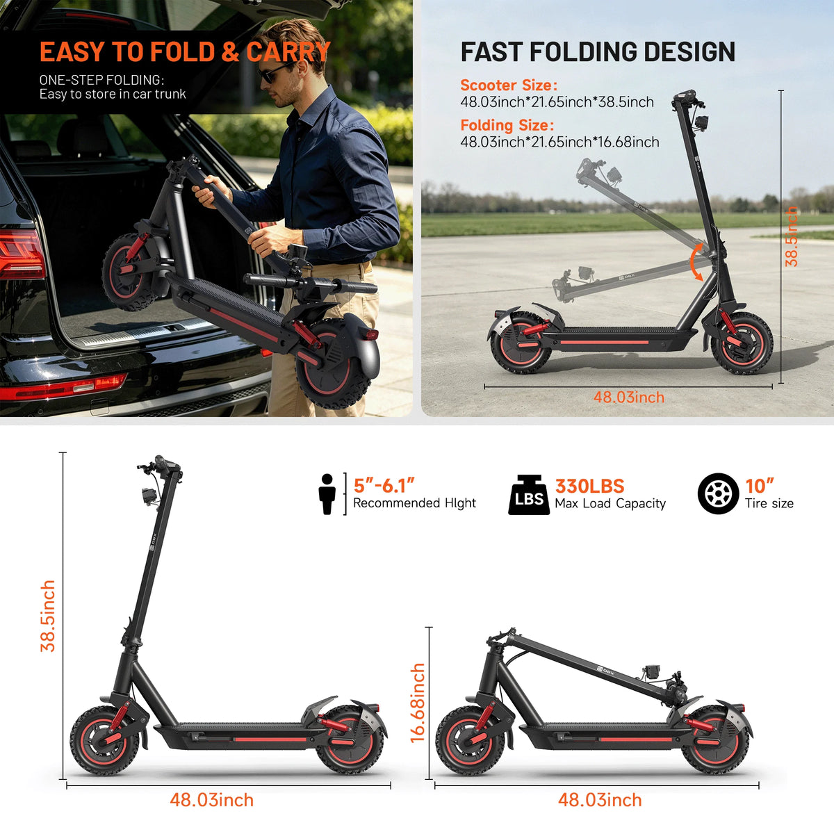 OBX 1200W Electric Scooter 10 Inch Folding E Scooter