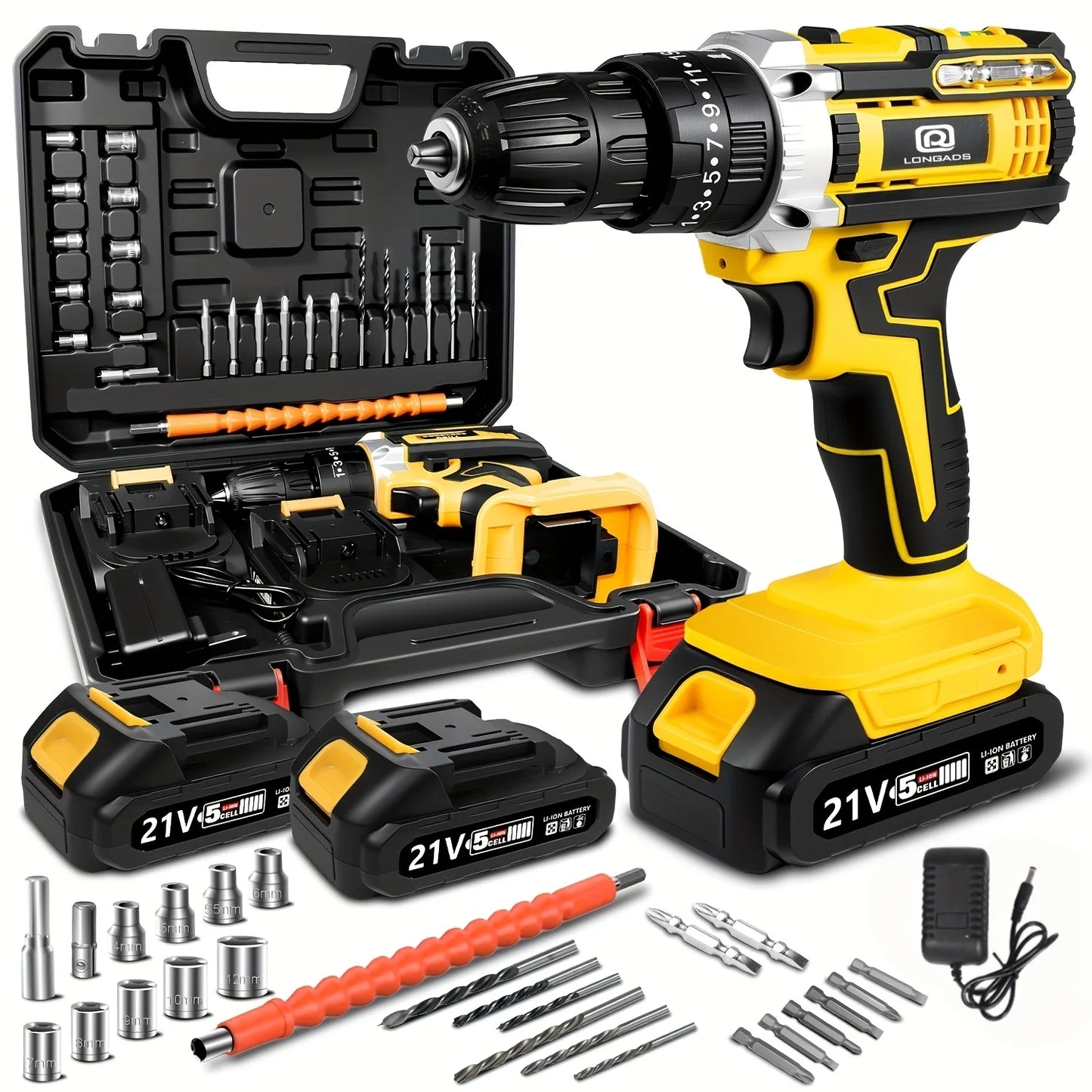 JUSFIT 21V Cordless Drill/Driver Kit, 2 Speed, Keyless 3/8"