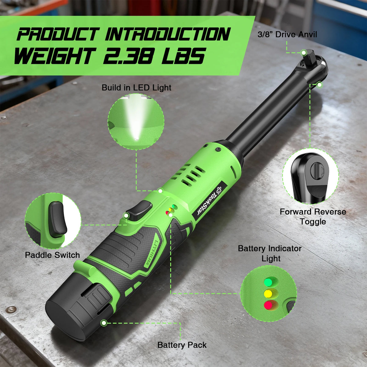 TaskStar 6 Inch Extended Cordless Ratchet Wrench 3/8" Portable Electric Wrench