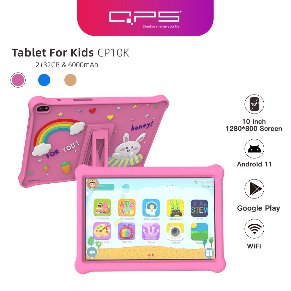 QPS 10 Inch Kids Tablets Android 11 1280*800 HD Ouad Core Wi-Fi