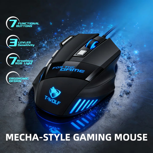 T-WOLF Wired RGB Gaming Mouse 6 Button Optical Adjustable DPI