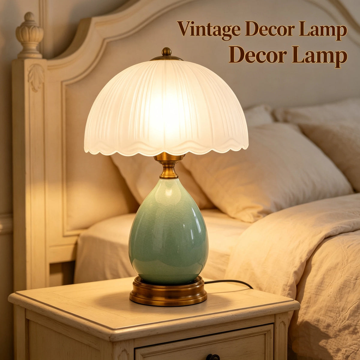 Vintage Crackle Green Ceramic Table Lamp, Pleated Scalloped Frosted