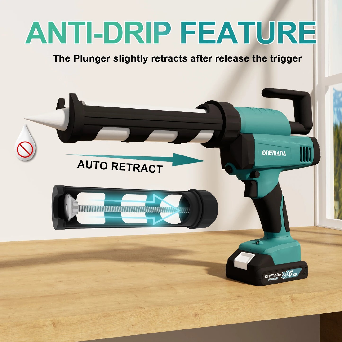 ONEMANA Caulk Gun 20V Auto Retract Drip-Free