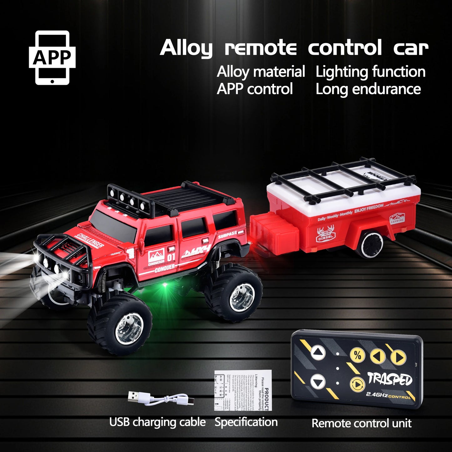 Hotfree 1/64 Mini RC Monster Truck, Metal Off-Road Stomper with Trailer