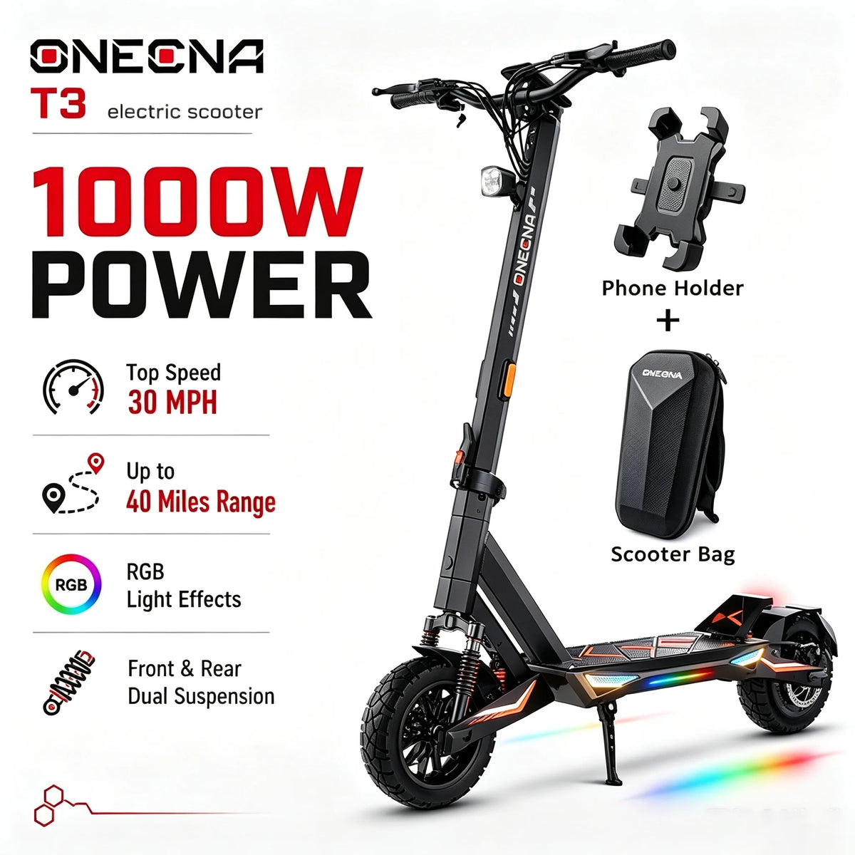FENGQS T3por T3 1500W 1000W Motor Electric Scooter for Adults, 30mph Top Speed, 40Miles Long Range, Lightweight Foldable Frame, Dual Suspension, 10 Inch Fat Tires E-Scooter