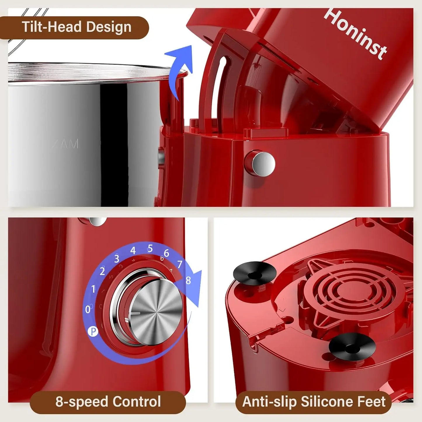 HONINST Stand Mixer, 3-In-1 8-Speed 660W 6.5QT