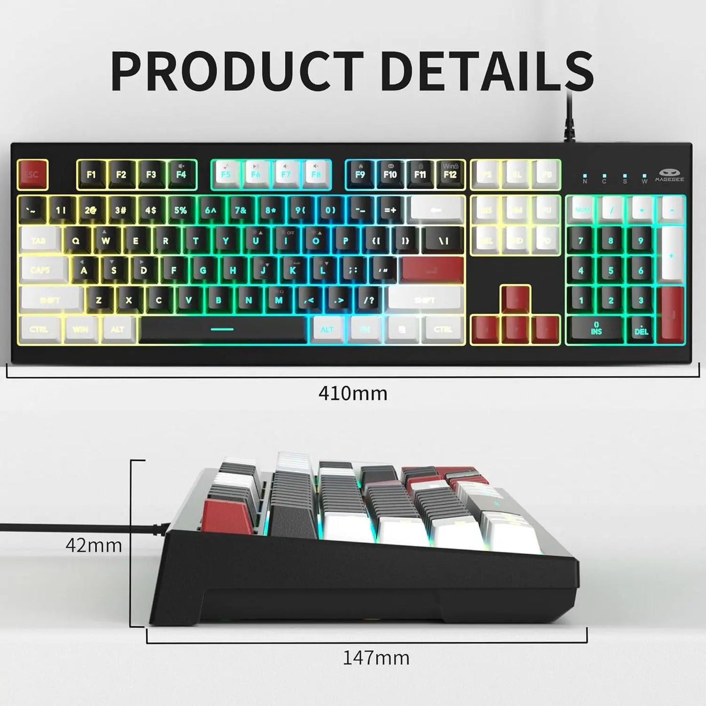 MageGee Creamy Keyboards,K2 Classic Keyboard Wired RGB Backlit 104 Keys Waterproof Ergonomic Keyboard, PC Keyboards for PC/laptop