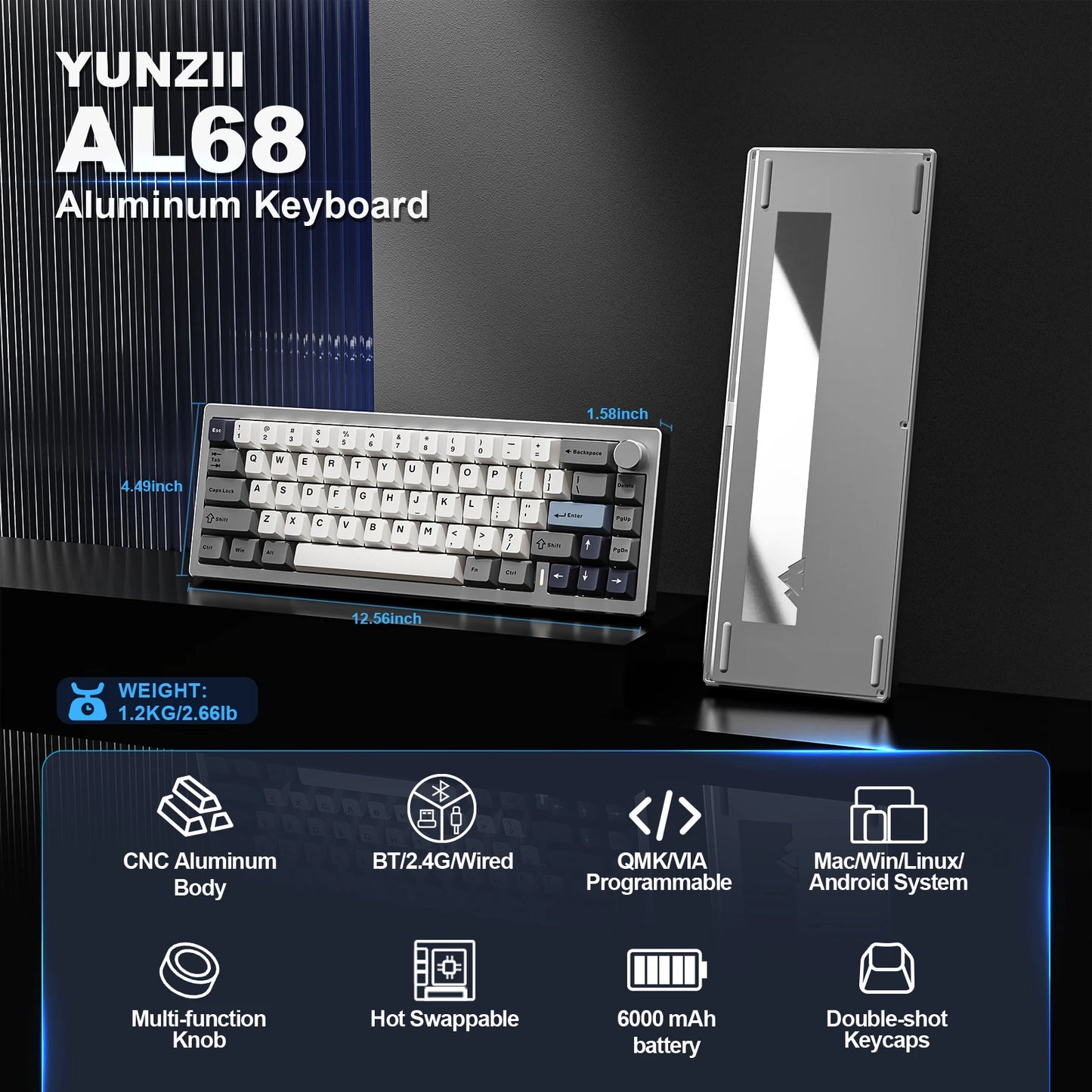 YUNZII AL68 Silver Wireless Custom Mechanical Keyboard