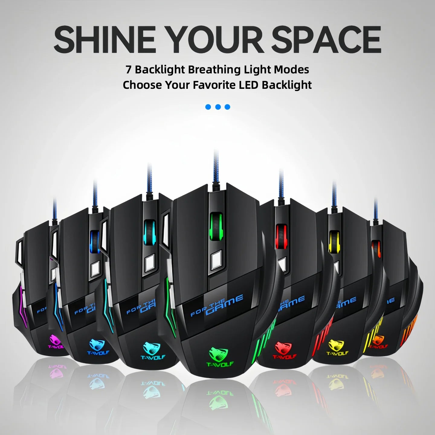 T-WOLF Wired RGB Gaming Mouse 6 Button Optical Adjustable DPI