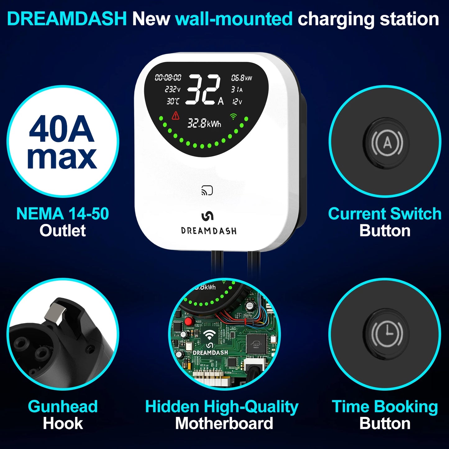 DREAMDASH 48A Level 2 EV Charger 11.5KW Wi-Fi Smart Charging Station