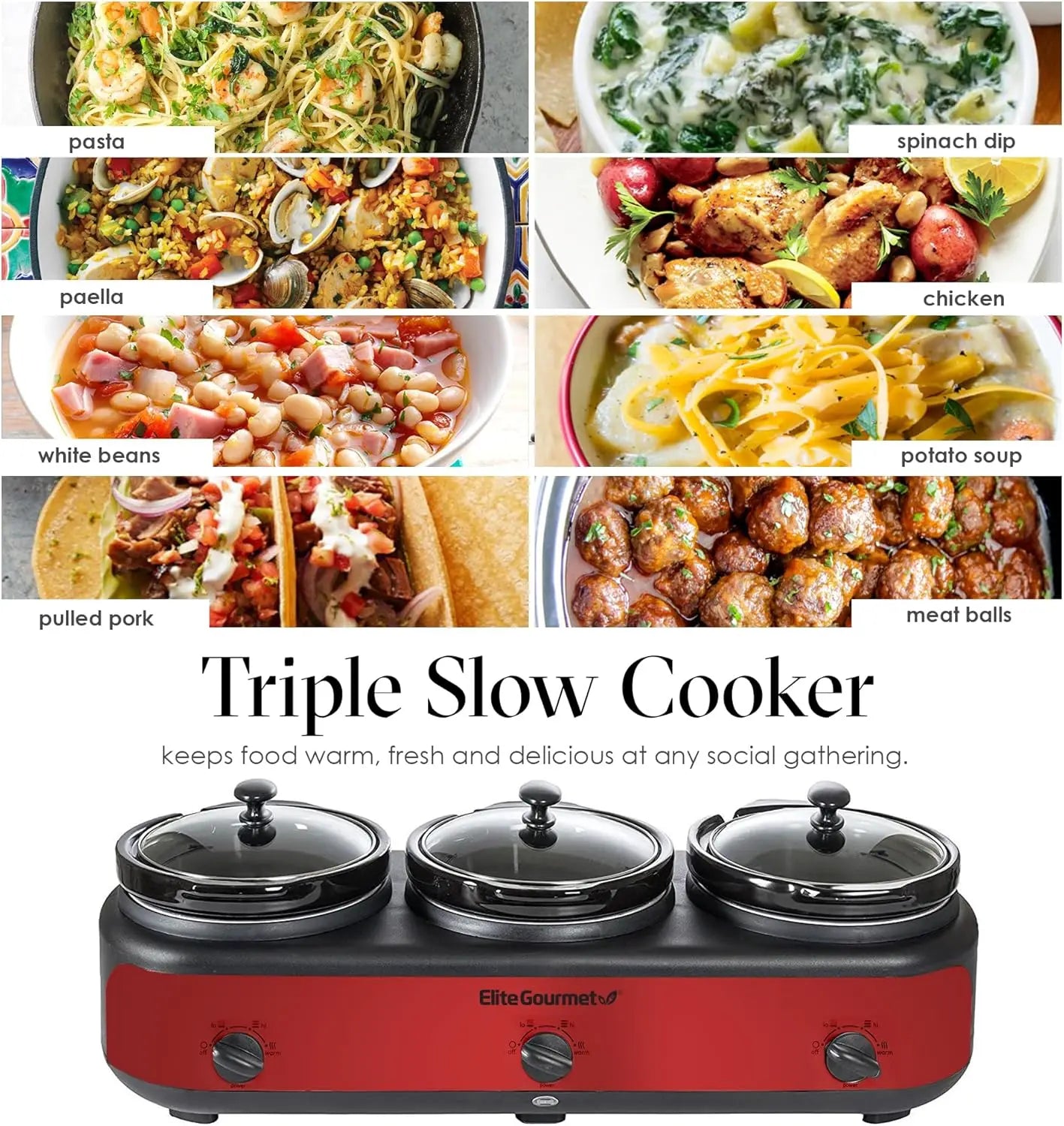 Elite EWMST-325R Maxi-Matic Triple Slow Cooker, 3 x 2.5 Qt