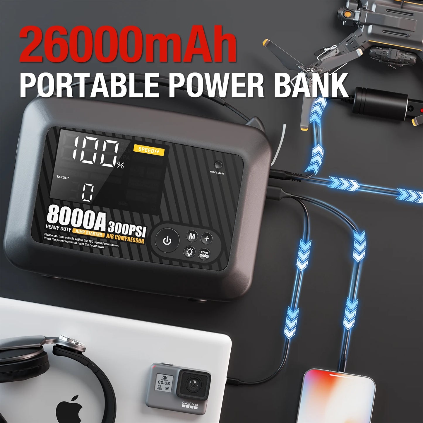 8000A Professional Heavy Duty Car Jump Starter With Air Pump