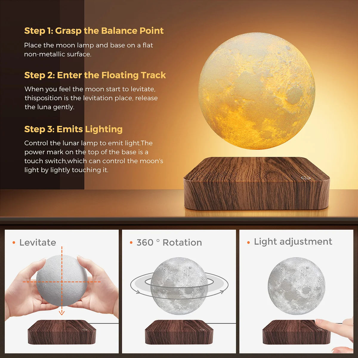 Levitating Moon Table Lamp, Magnetic Floating Night Light