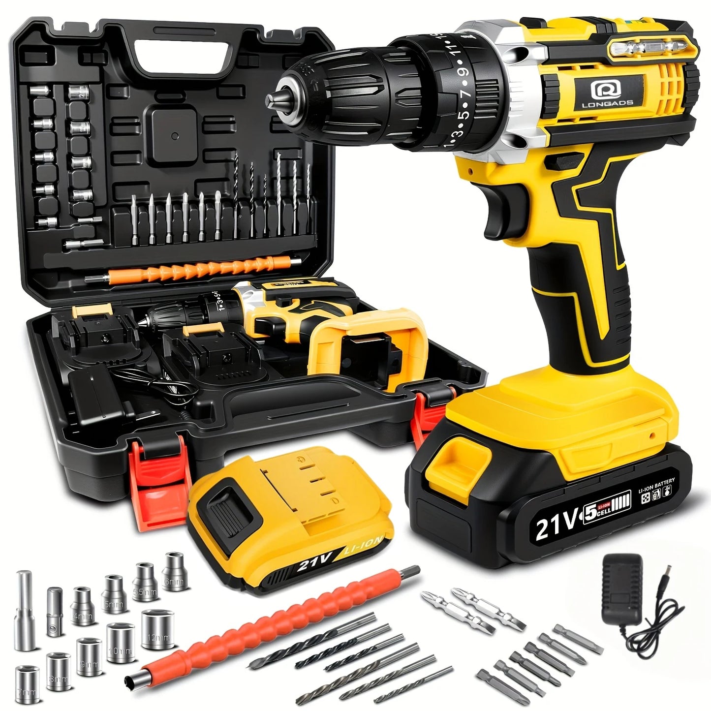 LONGADS 21V Cordless Drill/Driver Kit, 2 Speed, Keyless 3/8"