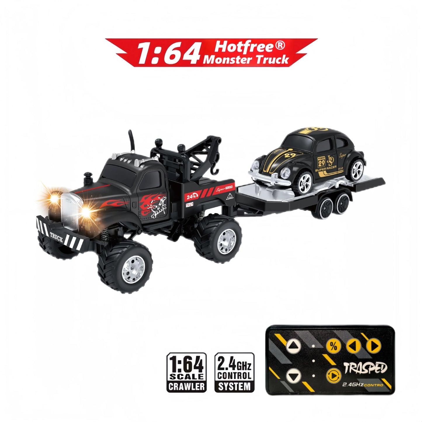 Hotfree 1/64 Mini RC Monster Truck, Metal Off-Road Stomper with Trailer