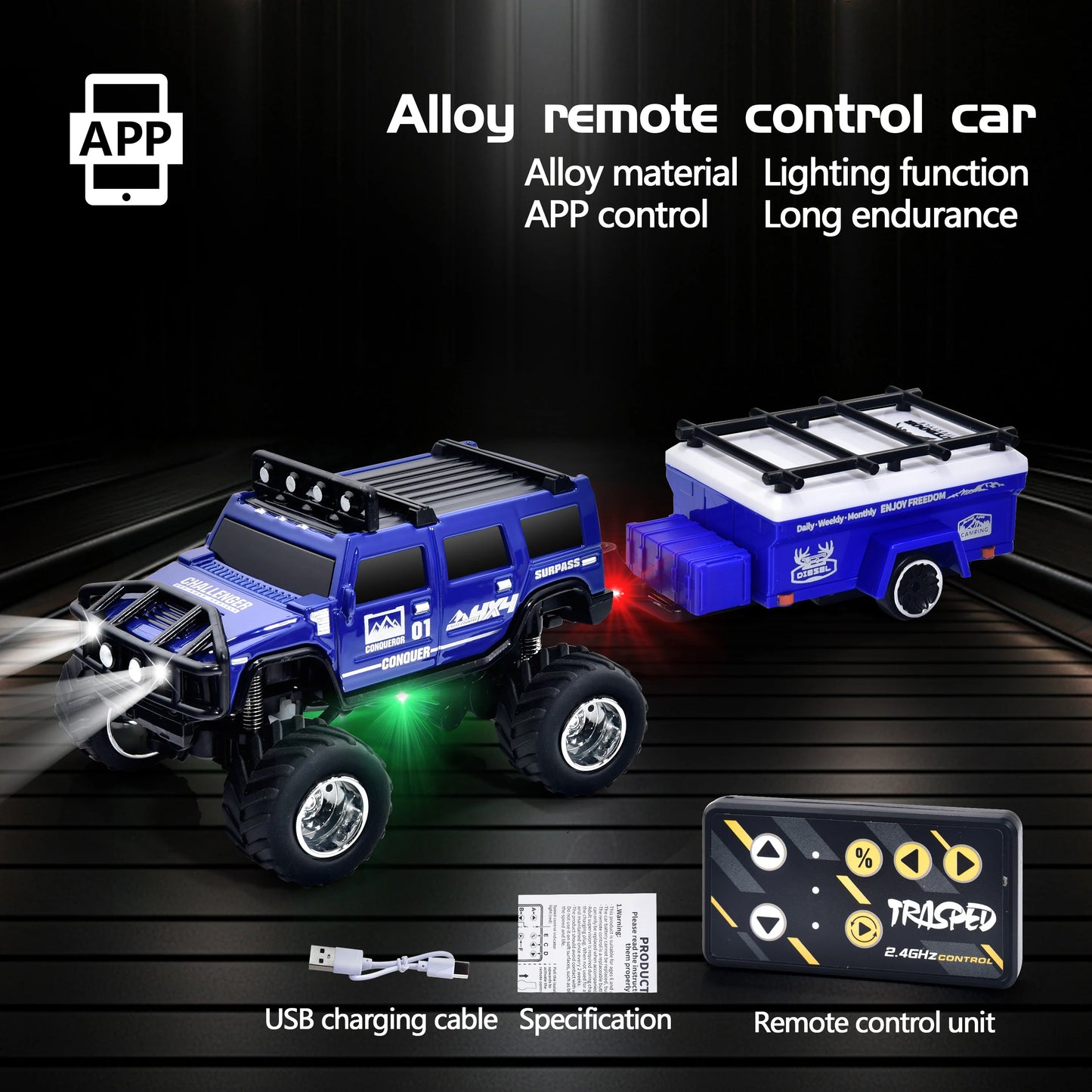 Hotfree 1/64 Mini RC Monster Truck, Metal Off-Road Stomper with Trailer
