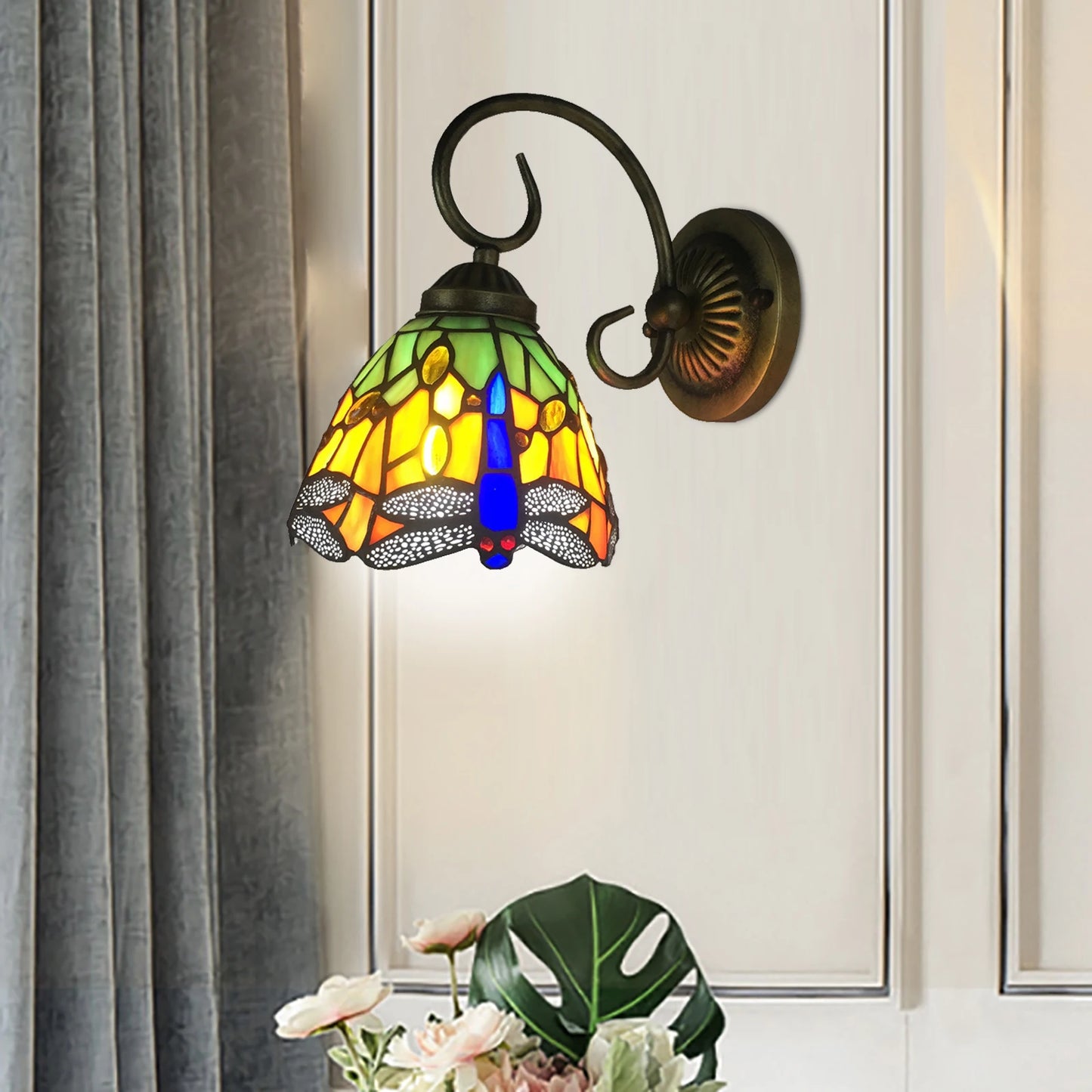 Stained Glass Wall Light, Retro Dragonfly Design