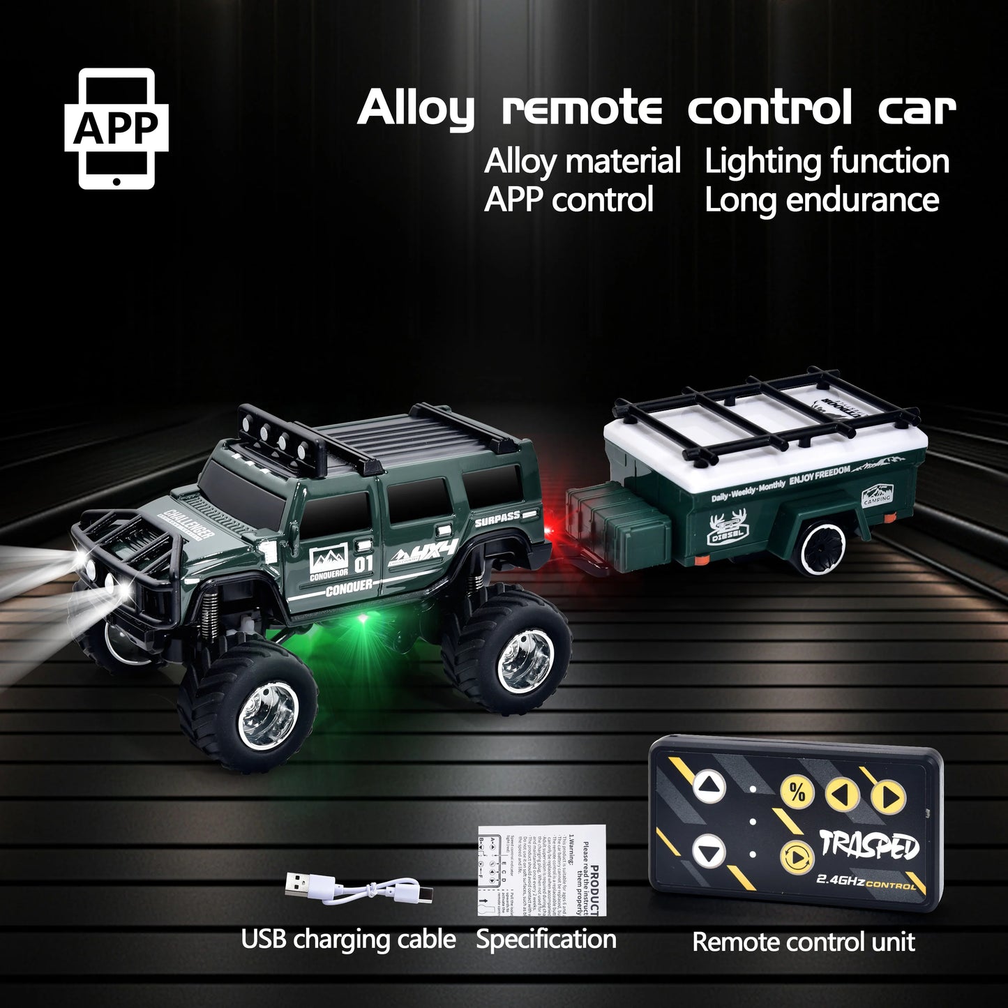 Hotfree 1/64 Mini RC Monster Truck, Metal Off-Road Stomper with Trailer