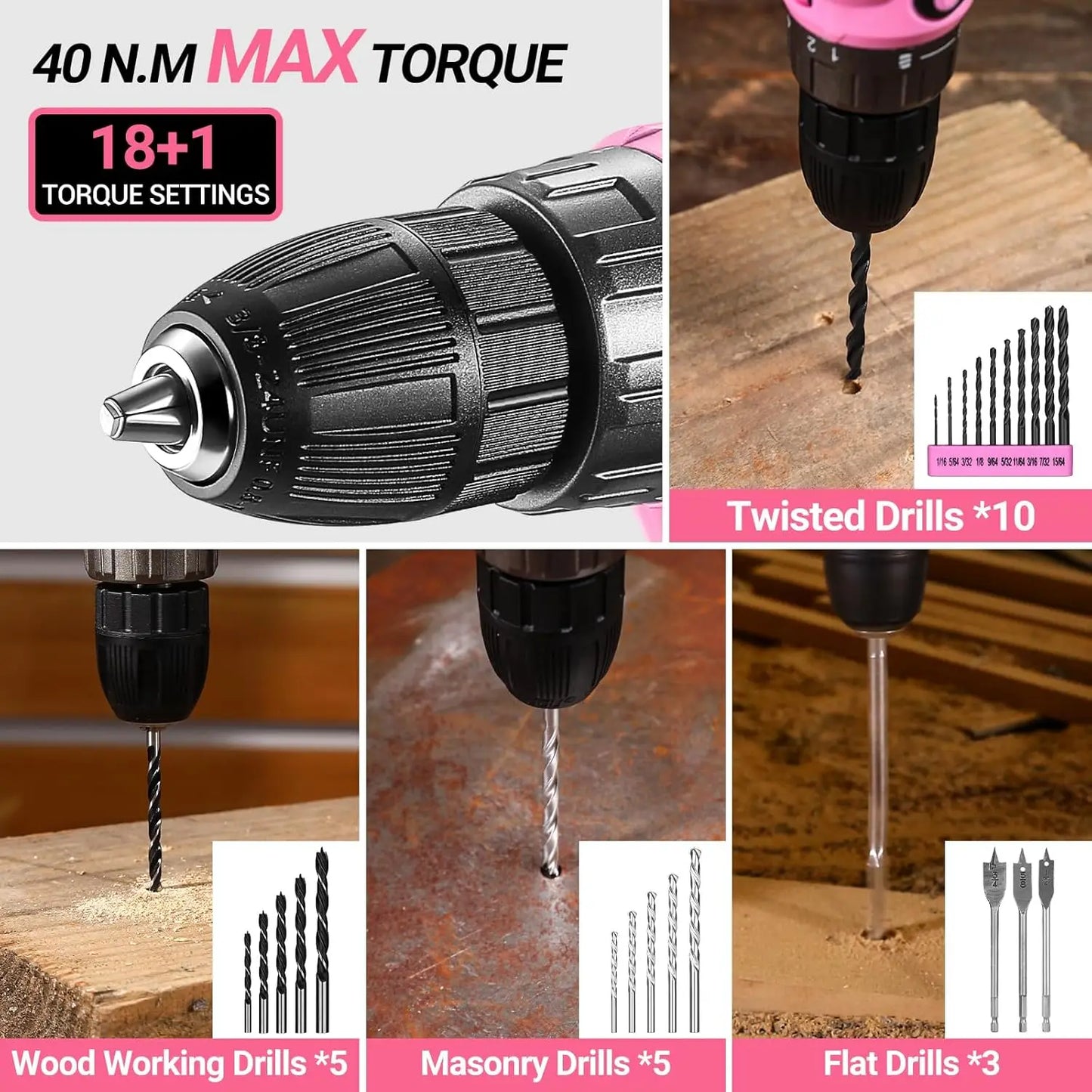 DEKO Pink Drill Tool Kit Set: 20V Cordless Power Drill