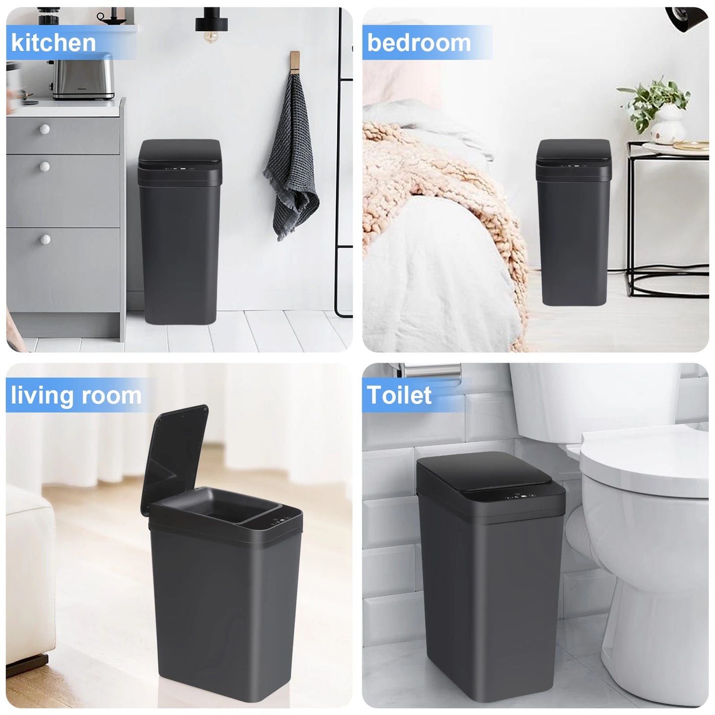 18L Black Bathroom Automatic Trash Can Touchless