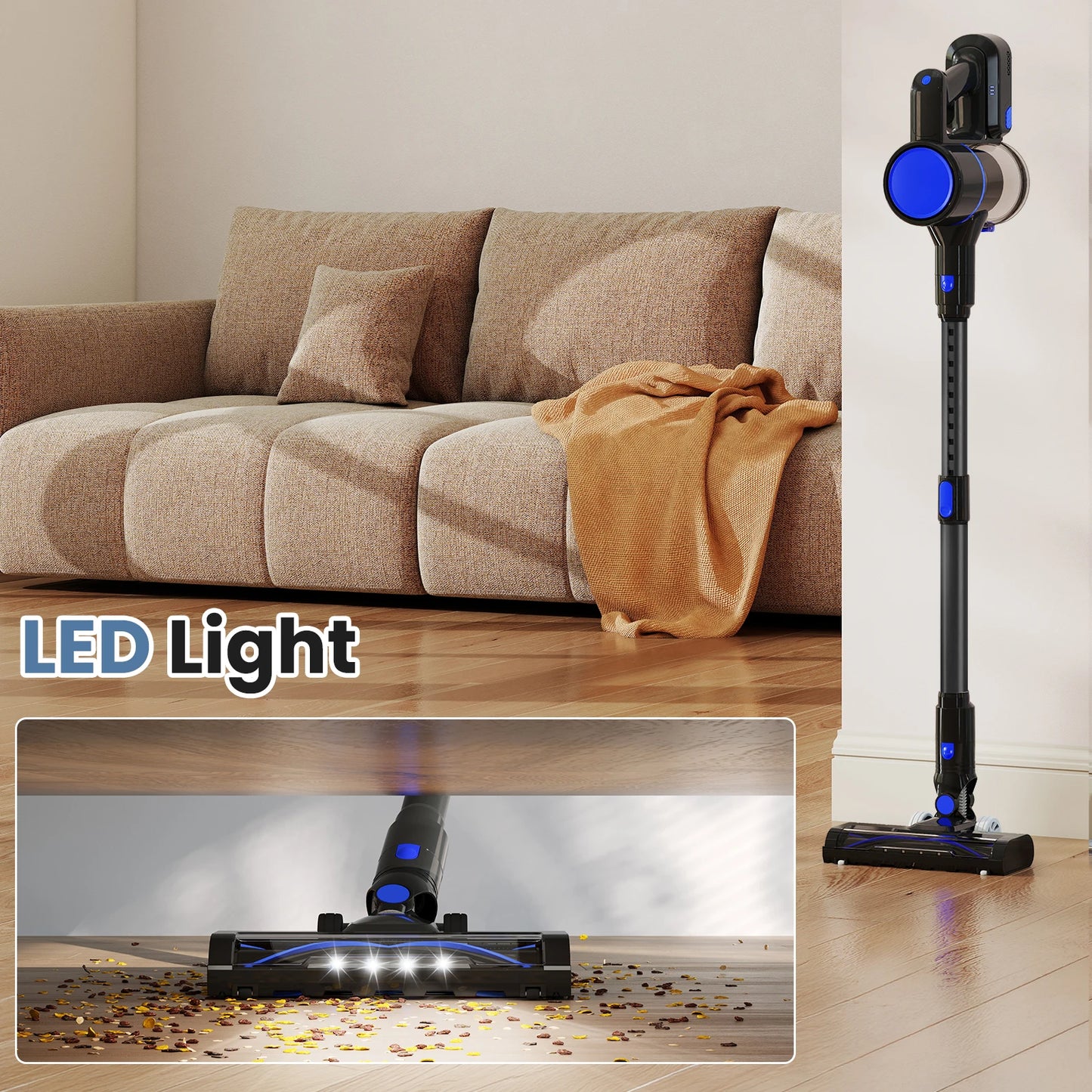 JHK Cordless Vacuum Cleaner with Flexible Steering Extendable Pole 3 Brush Heads Lightweight Wireless Rechargeable Upright Vacuum with LED Light Wall Mount for Hardwood Floors Carpet