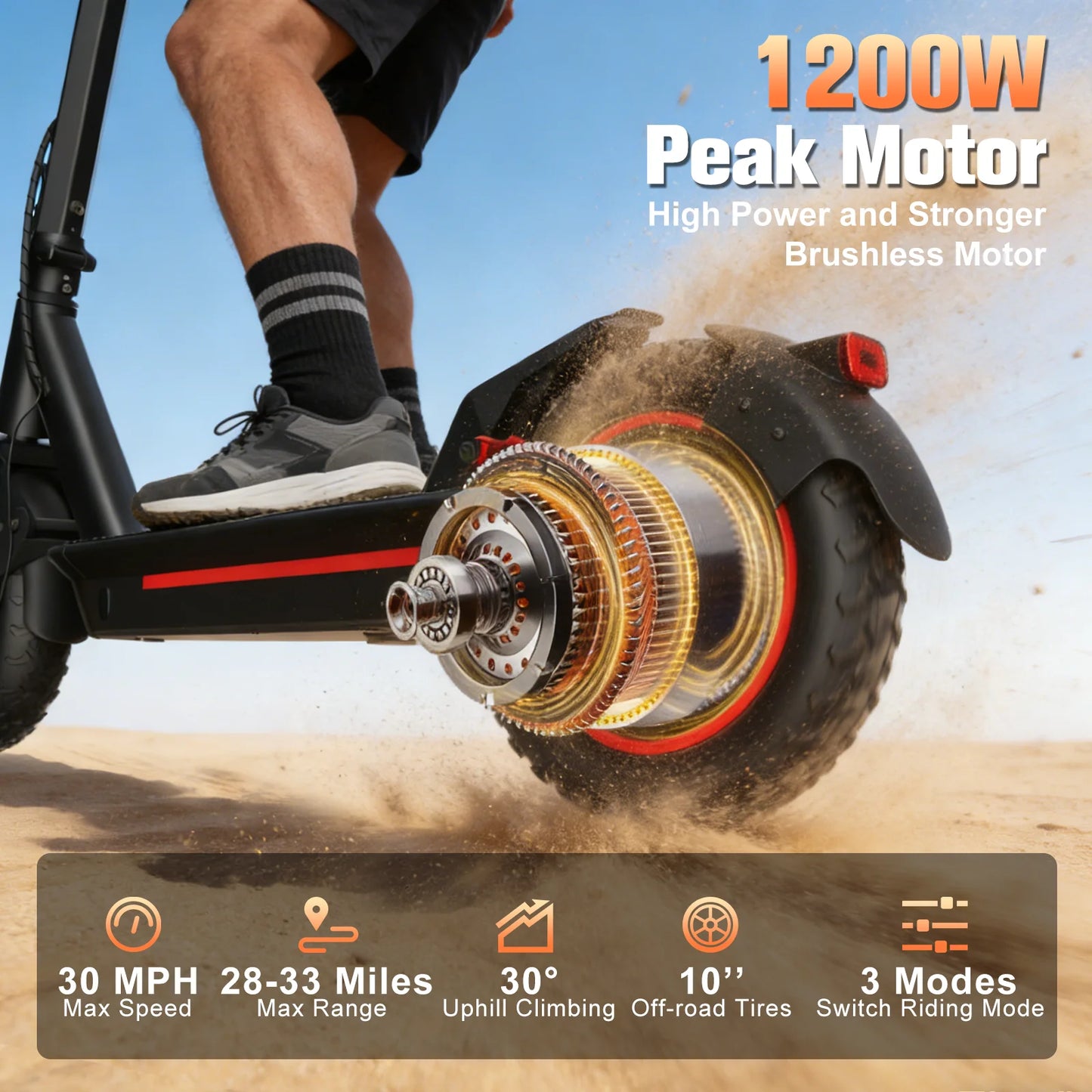 OBX Electric Foldable Scooter 30 MPH Fastest Dual Motor for Adult Scooter 1200W Peak 33 Mile Long Range 10" Off-Road Tires 48V 13ah