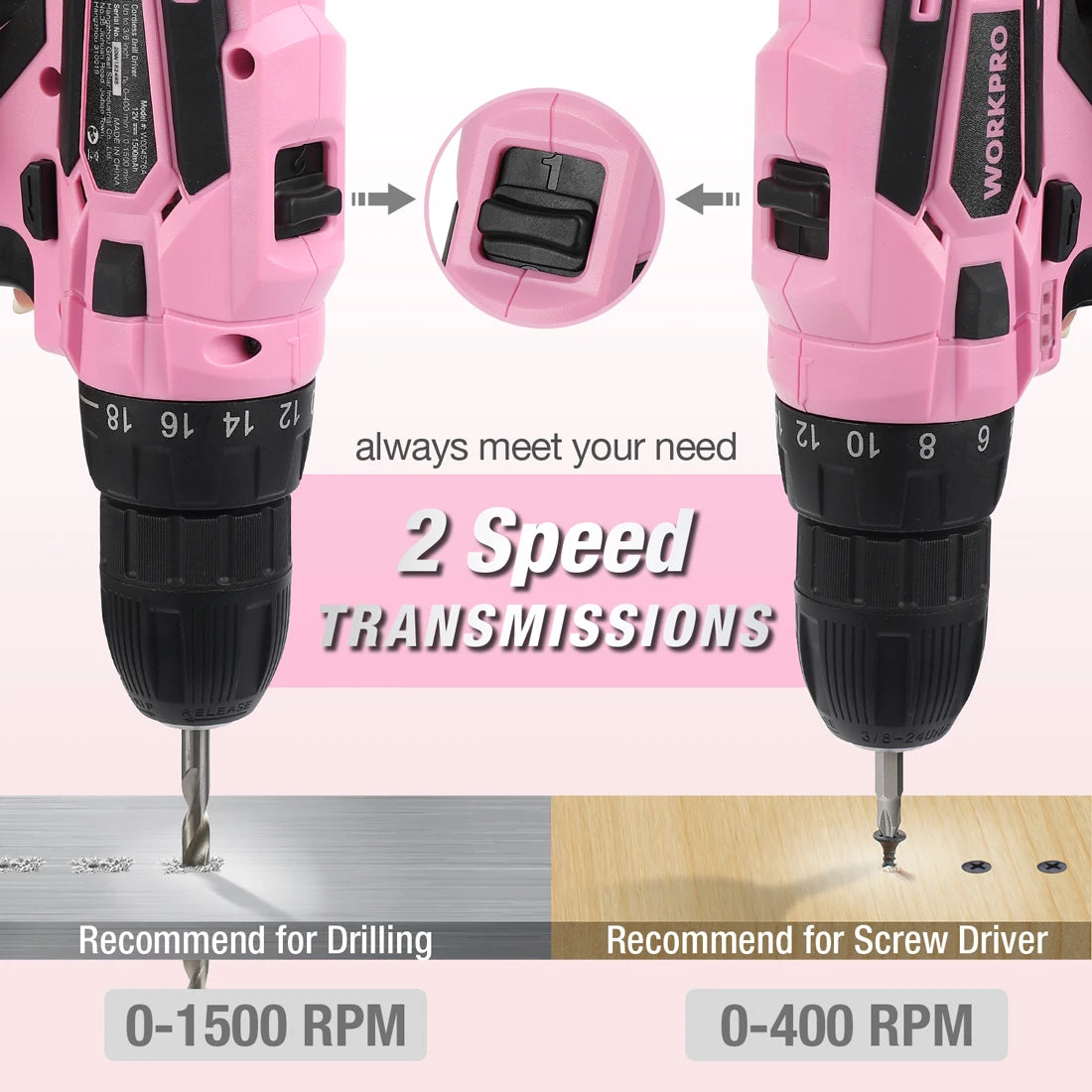 WORKPRO Pink Cordless Drill Driver Set, 12V Electric Screwdriver