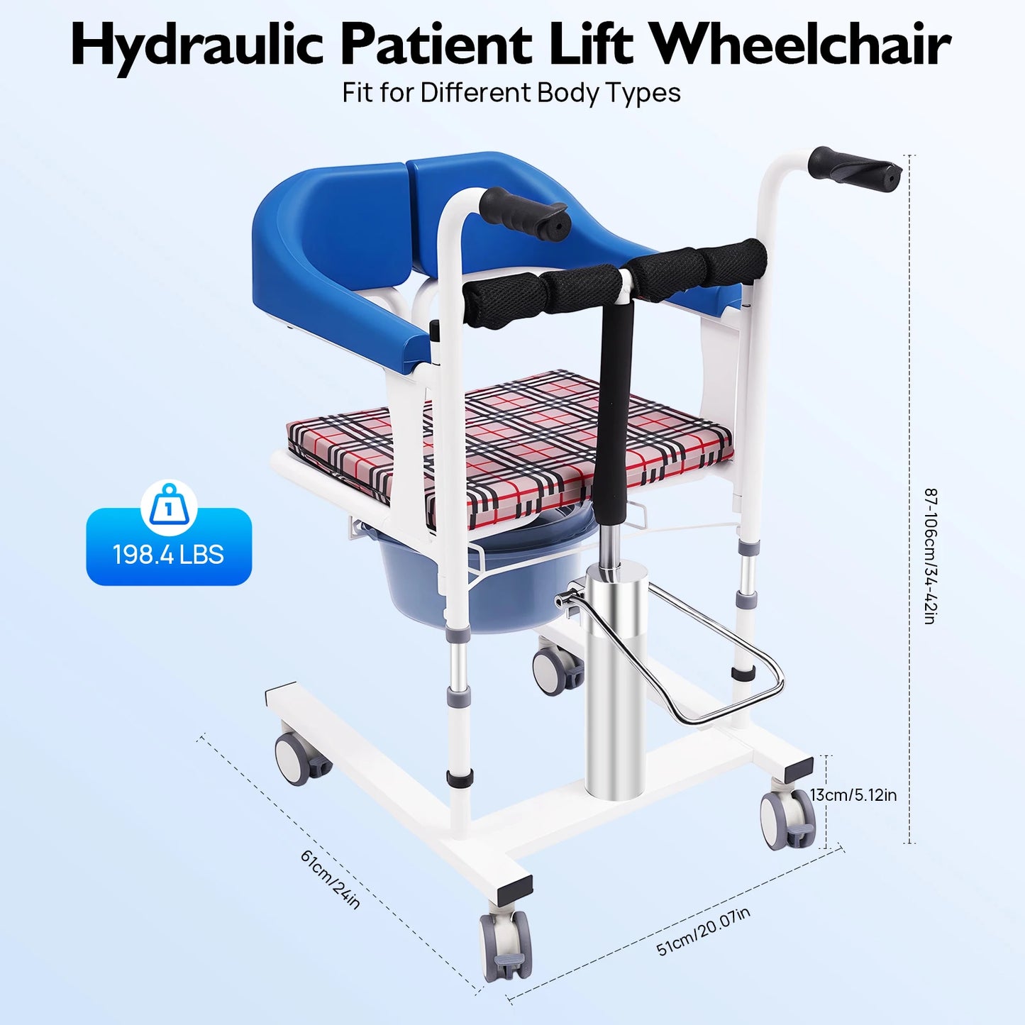 90kg Load-Bearing Hydraulic Patient Lifting Wheelchair