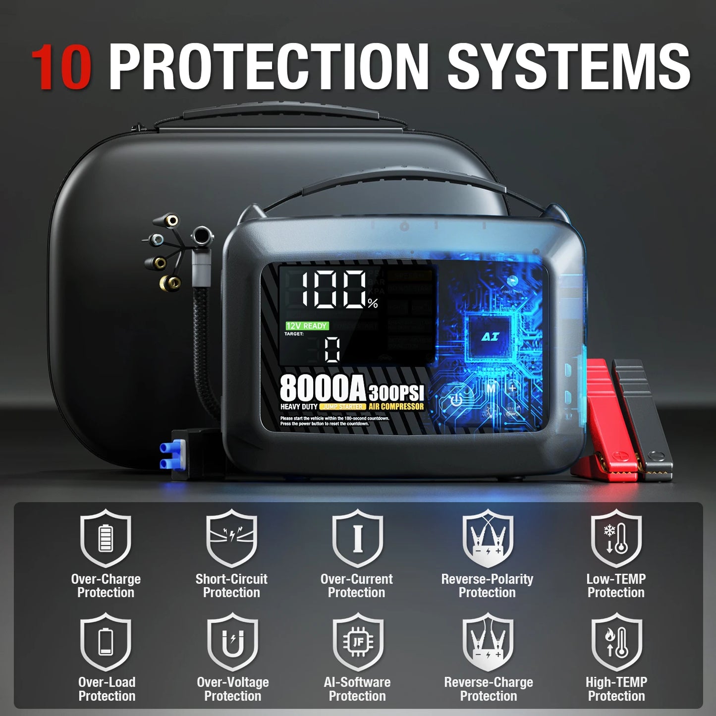 8000A Professional Heavy Duty Car Jump Starter With Air Pump