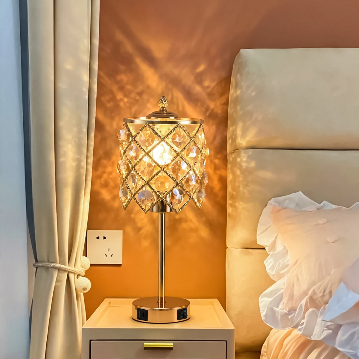 Luxury Gold Crystal Table Lamp with USB Charging Port & AC Outlet