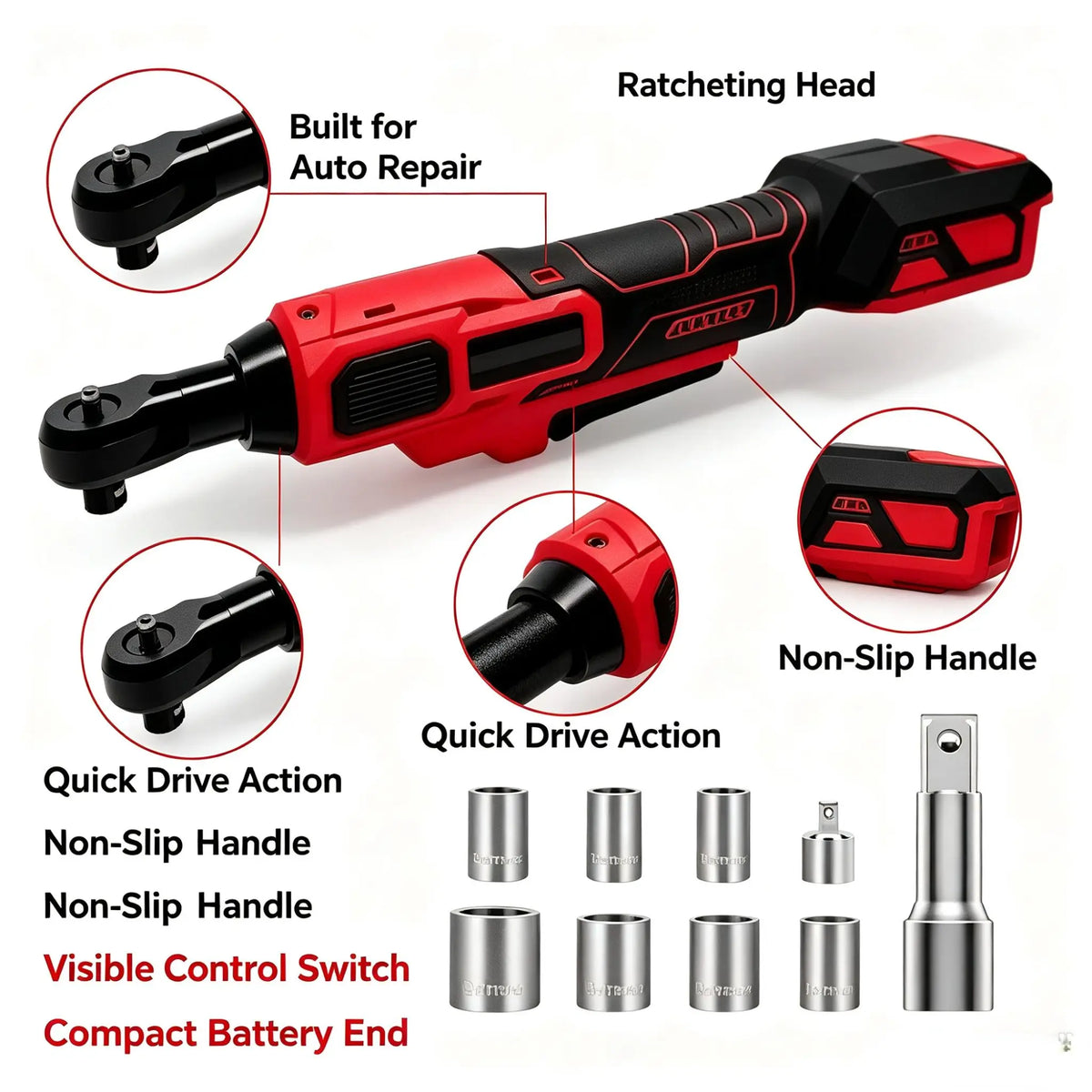 For MiWQ 18V Battery Electric Ratchet Wrench 3/8" Cordless Drive