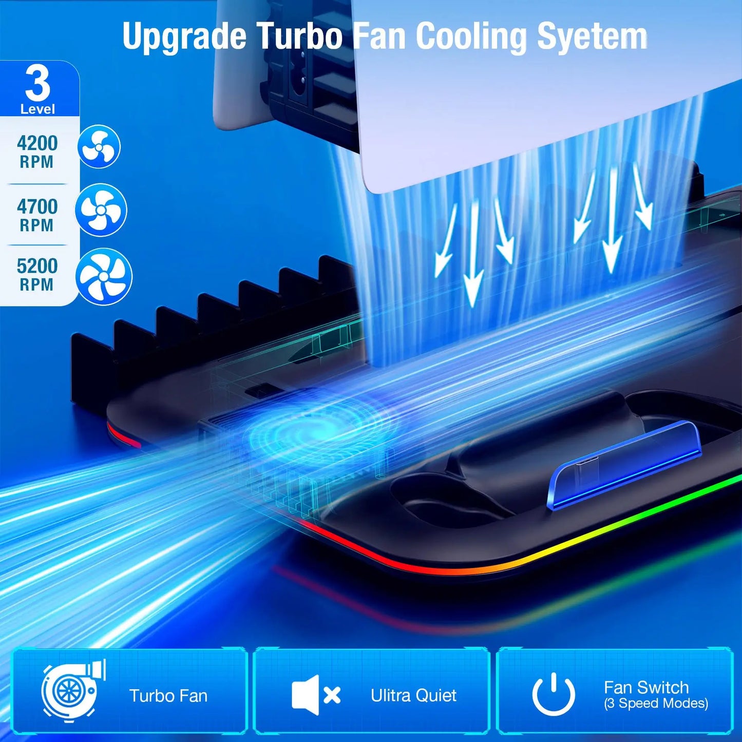 BEBONCOOL S2000 PS5 Slim Stand | 3-Gear Cooling RGB Light